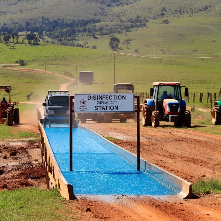 have installed a disinfectant ride through at the farm gate with a sign indicating biosecurity measures. The entrance consists of a shallow trough filled with disinfectant solution , which visitors and vehicles must pass through before entering the premises