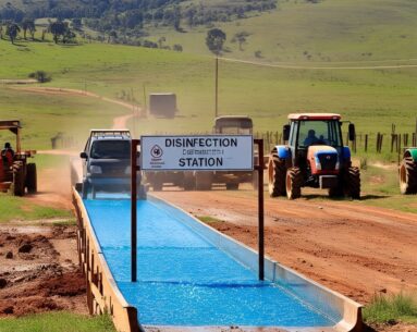 have installed a disinfectant ride through at the farm gate with a sign indicating biosecurity measures. The entrance consists of a shallow trough filled with disinfectant solution , which visitors and vehicles must pass through before entering the premises {{brizy_dc_image_alt entityId=
